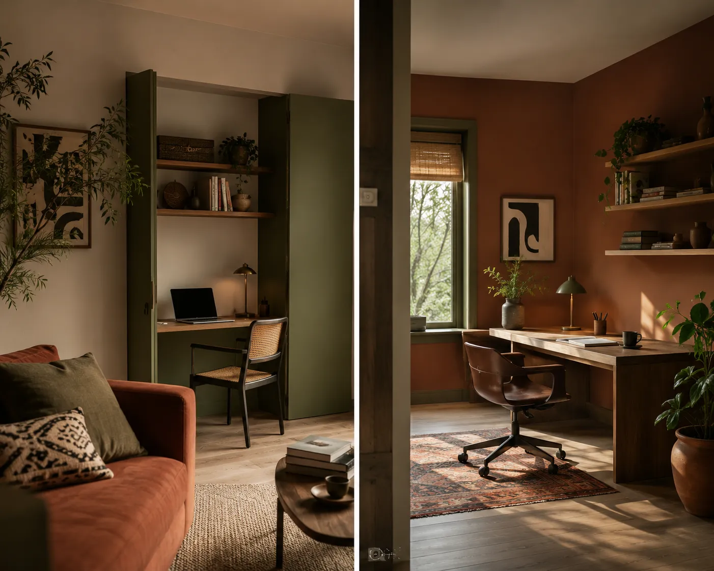 Coin bureau installé dans le salon, du plan de travail dans le prolongement du mobilier