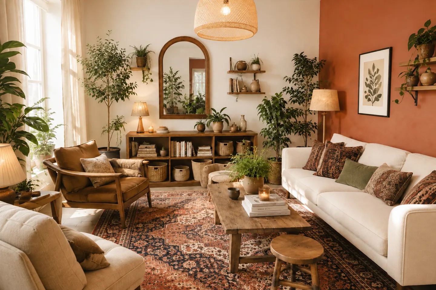 Espace d’accueil de cabinet pensé comme un salon : canapé clair, fauteuils en bois, tapis persan, plantes et miroir arqué