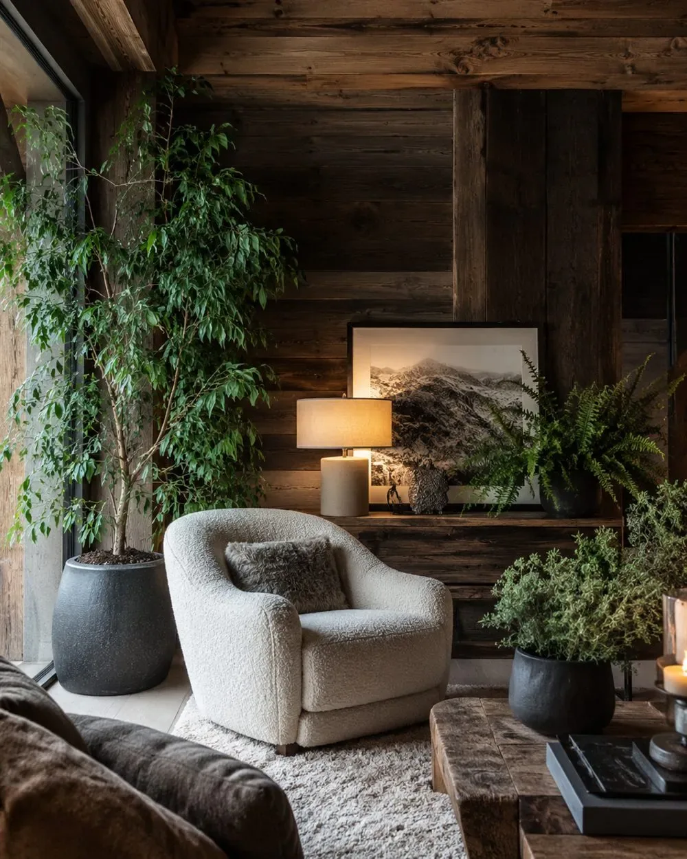 Séjour terminé et habité, lampe allumée près d’un fauteuil en bouclette crème adossé à un mur de bois ancien