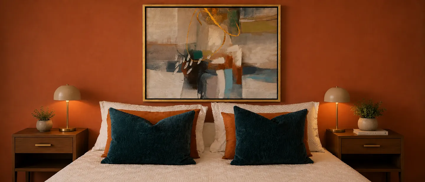 Chambre aux murs terre cuite : lit centré sous une toile abstraite, deux chevets identiques et lampes assorties