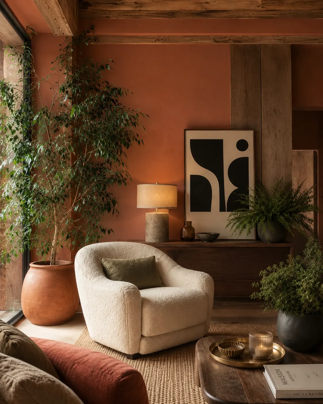 Salon relooké : fauteuil bouclette crème, mur terracotta, plantes vertes et tableau graphique