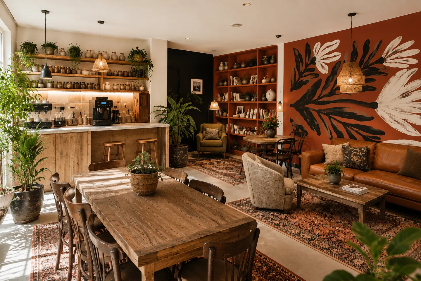 Espace de pause professionnel réaménagé : coin bar en bois, étagères ouvertes, canapé en cuir cognac et mur peint en fresque orangée