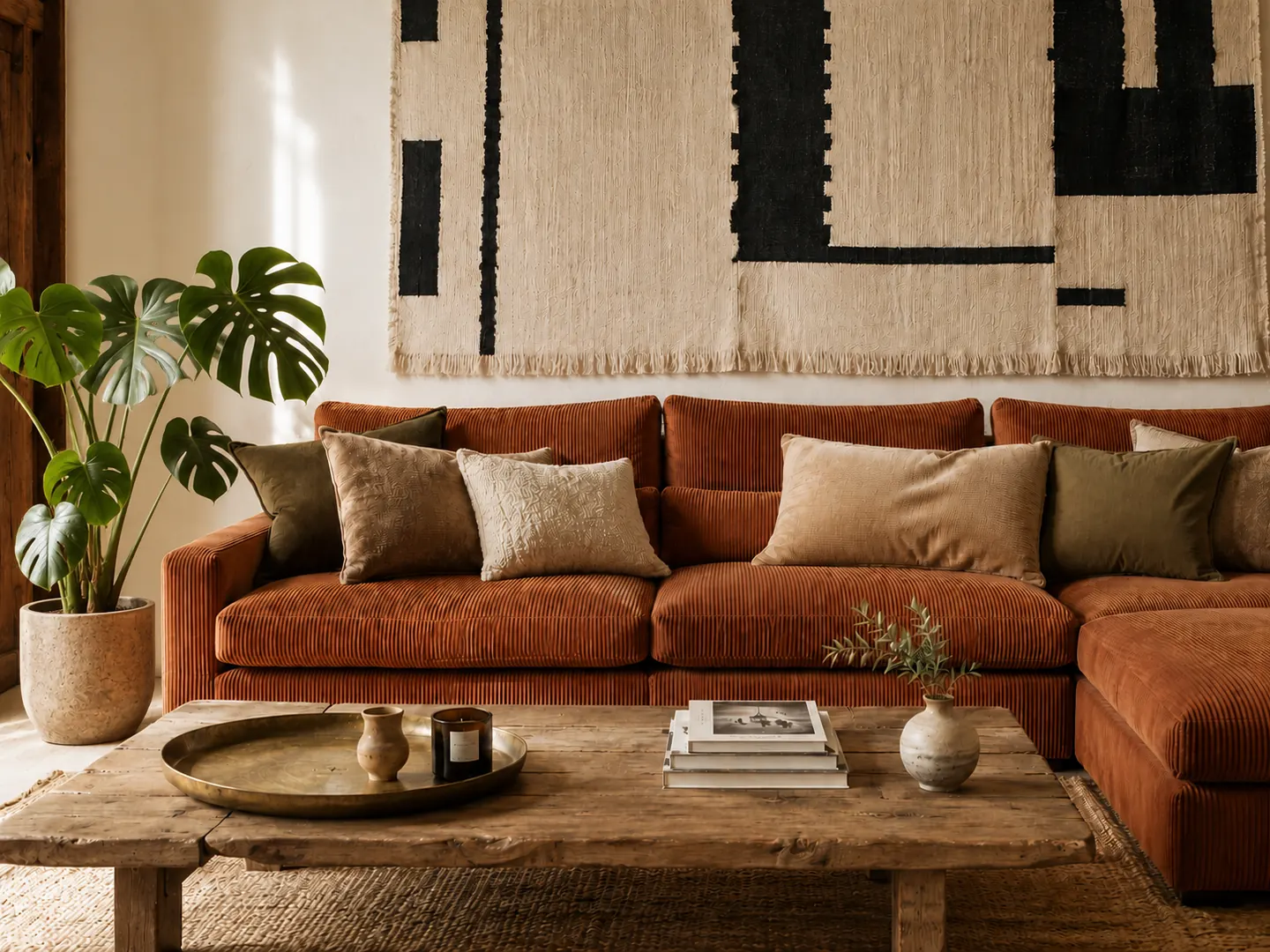 Séjour agencé autour d’un canapé d’angle terre cuite : table basse en bois brut, tapis en jute et tenture murale tissée