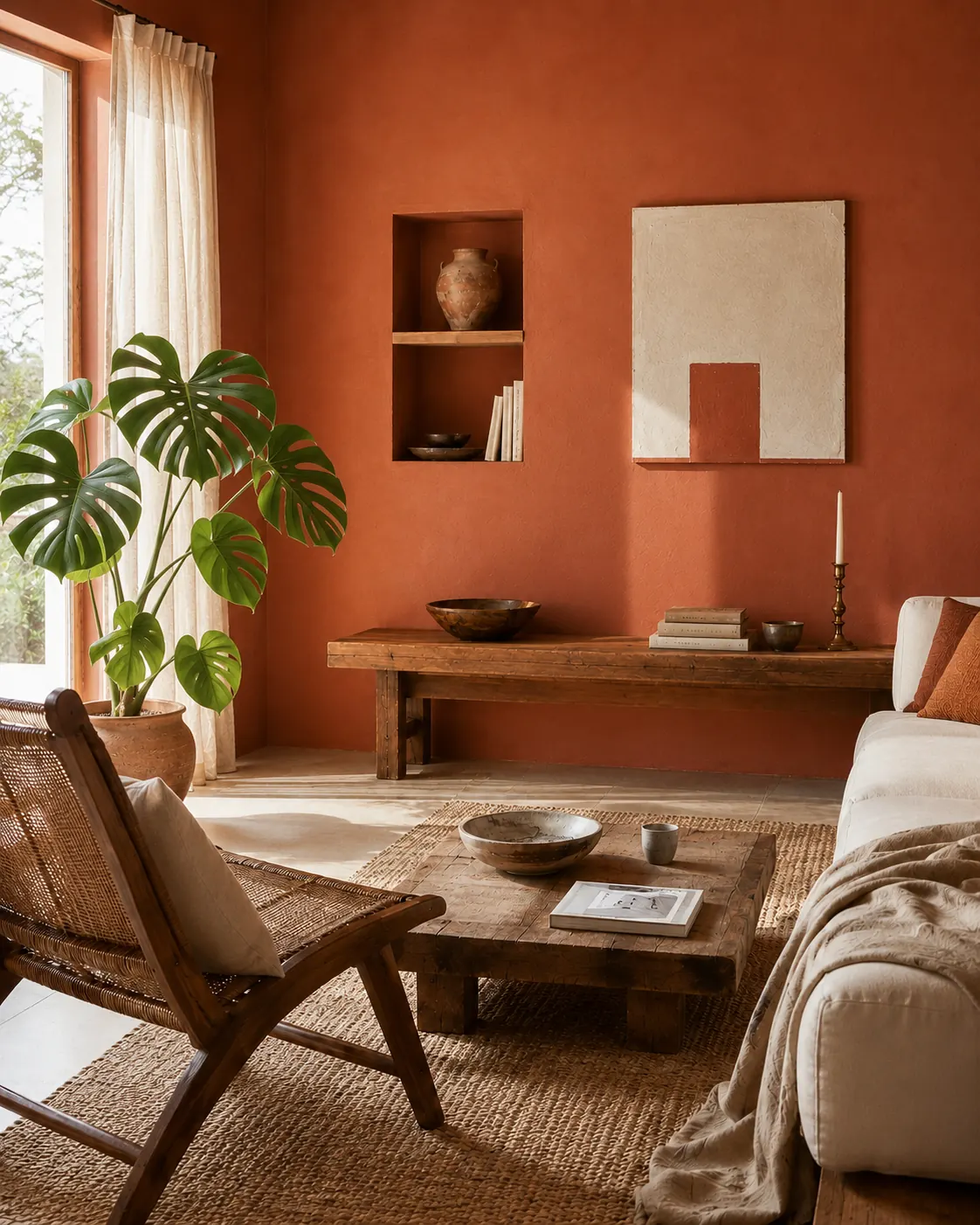 Salon au mur terre cuite : console en bois massif, fauteuil en rotin, monstera et tapis en jute
