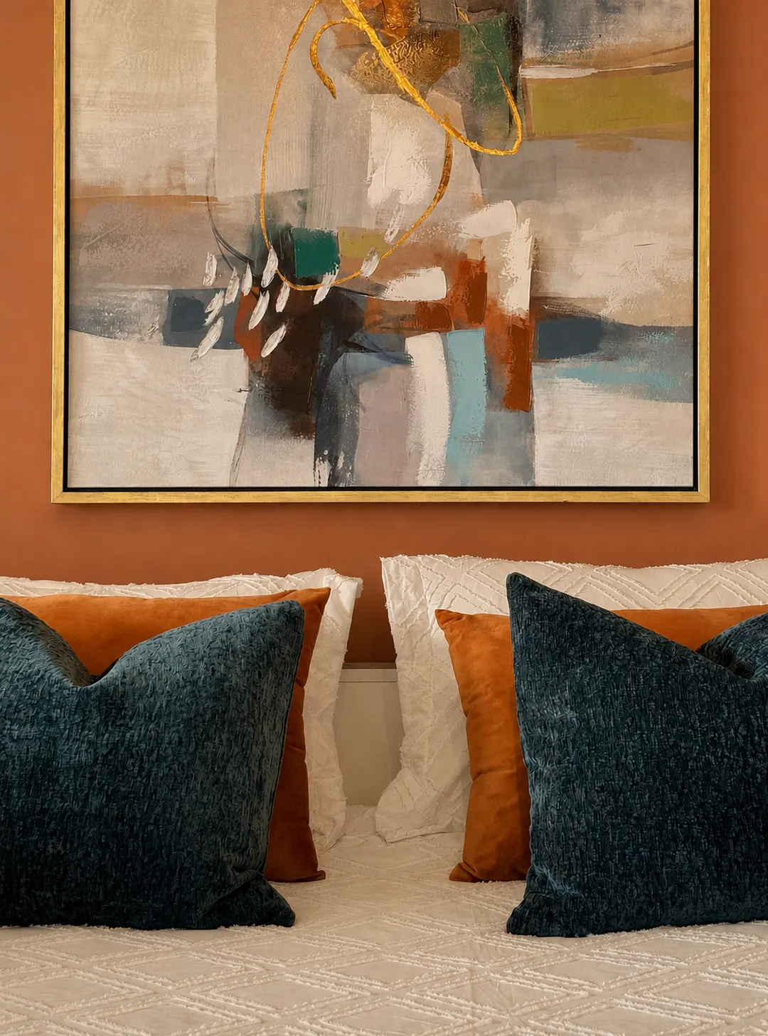 Détail d’une chambre relookée : grande toile abstraite sur un mur terre cuite, coussins bleu canard et velours orange
